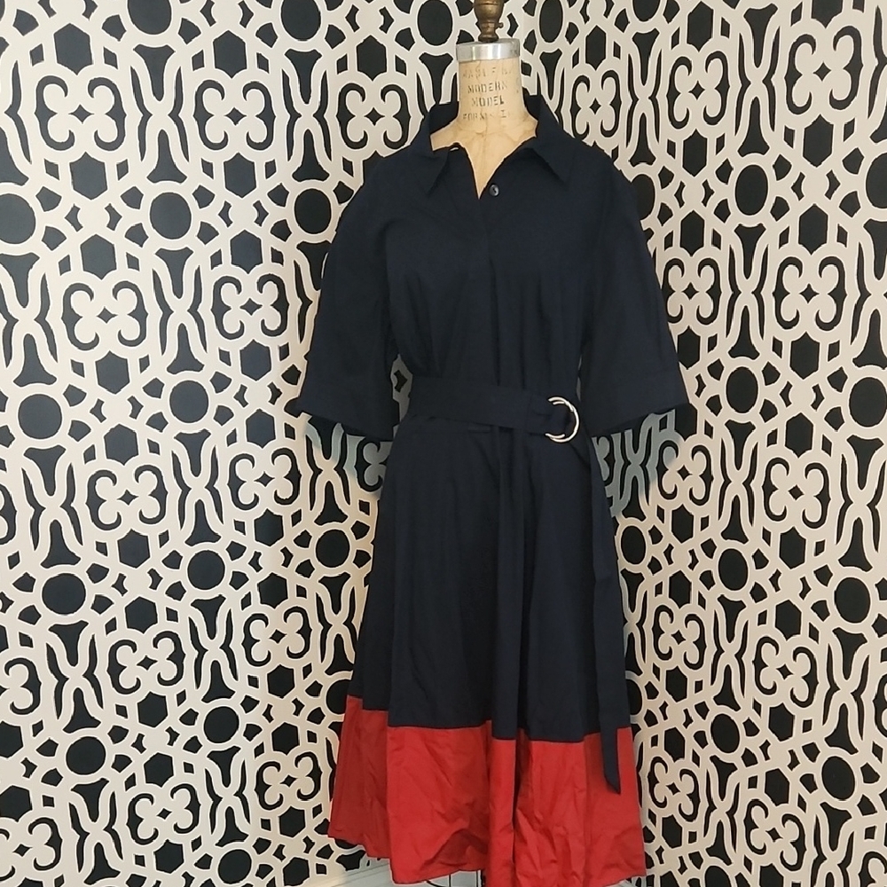 eShakti Belted Colorblock Poplin  Shirtdress